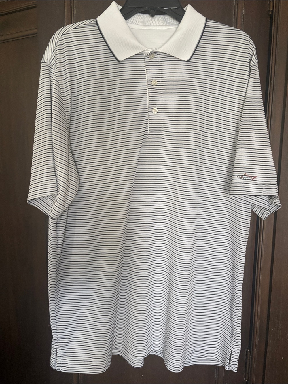 Greg Norman Collection White Polo with Thin Black & Grey Stripes Large
